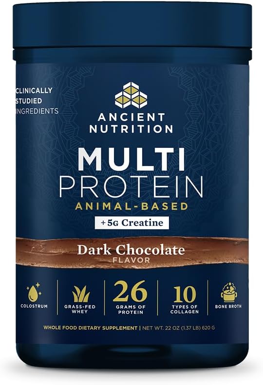 Ancient Nutrition Multi Protein Animal Based Powder + Creatine 26g Protein Grass Fed Whey Bone Broth Collagen Peptides 5g Creatine Monohydrate Colostrum &amp Probiotics Dark Chocolate 15 Serv