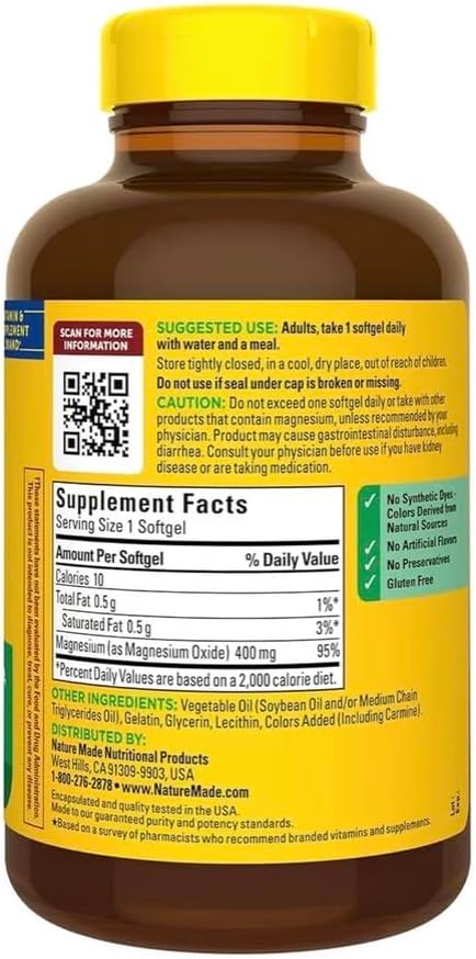 Extra Strength Magnesium 400mg | Bone Nerve &amp Muscle Support | 180 Softgels – 6 Month Supply | Gluten Free | High Potency Relaxation &amp Wellness Supplement | Nature Inspired Formula