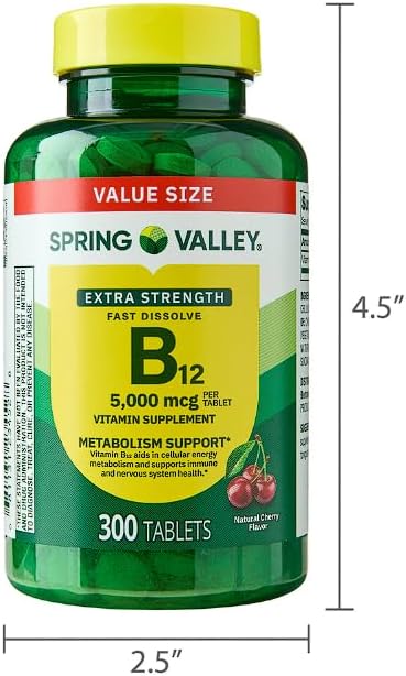 Vitamin B12 Supplement Extra Strength 5000 mcg 300 Count Cherry Fast Dissolve Tablets for Metabolism Support + Daily Supplement Tracker Sticker