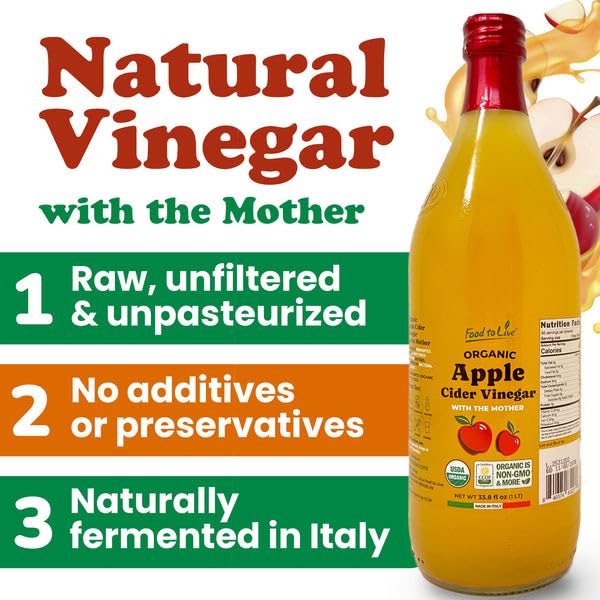 Food To Live Organic Apple Cider Vinegar 1 L – Raw Italian Natural Vinegar with the Mother Unfiltered Unpasteurized Non-GMO Vegan Glass Bottle (Pack of 4)