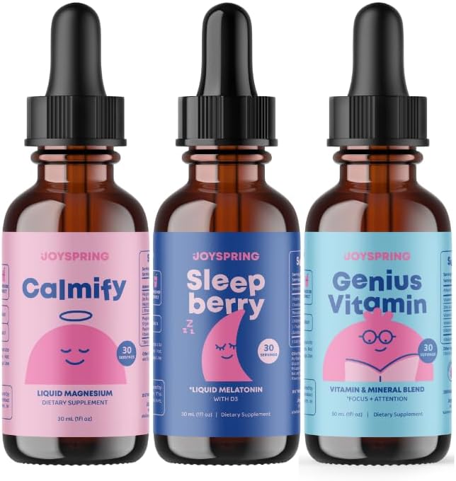 JoySpring Kids Daily Calm &amp Bedtime Routine – Liquid Magnesium + Melatonin Sleep Drops + Vitamin B Complex for Kids with L-Theanine Chamomile Elderberry &amp Zinc
