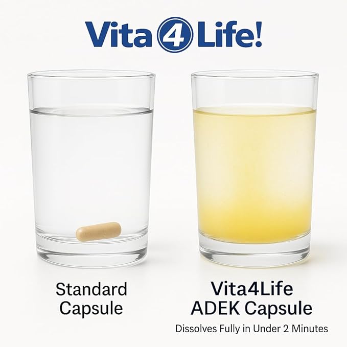 Vita4Life!® ADEK Fat Soluble Vitamins A D E K - High Absorption Bariatric Multivitamin - No Iron Formula with B-Complex &amp Calcium - 60 Fast Dissolving Capsules for Post Surgery &amp General Healt