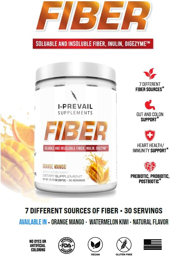 Fiber |8 Grams of Soluble and Insoluble Types | Gut Health Digestion Immunity | Vegan and Gluten Free | Great Flavors Easy Mixing | 30 Servings (Orange Mango)