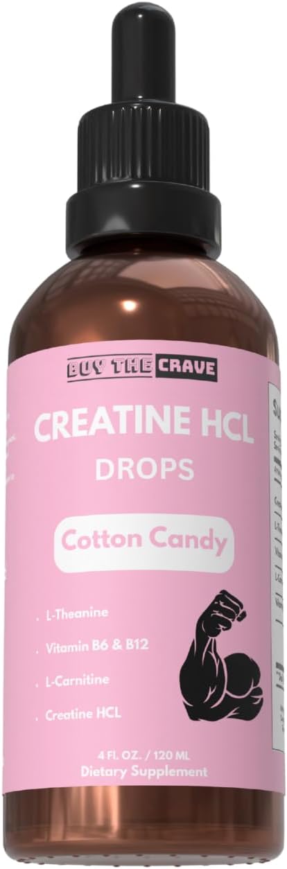 Creatine HCL Liquid Drops for Men &amp Women - 2ml Per Serving L-Theanine Vitamin B12 &amp B6 L-Carnitine - High Absorption 4 Fl Oz (120ml) (4 FL OZ Cotton Candy)