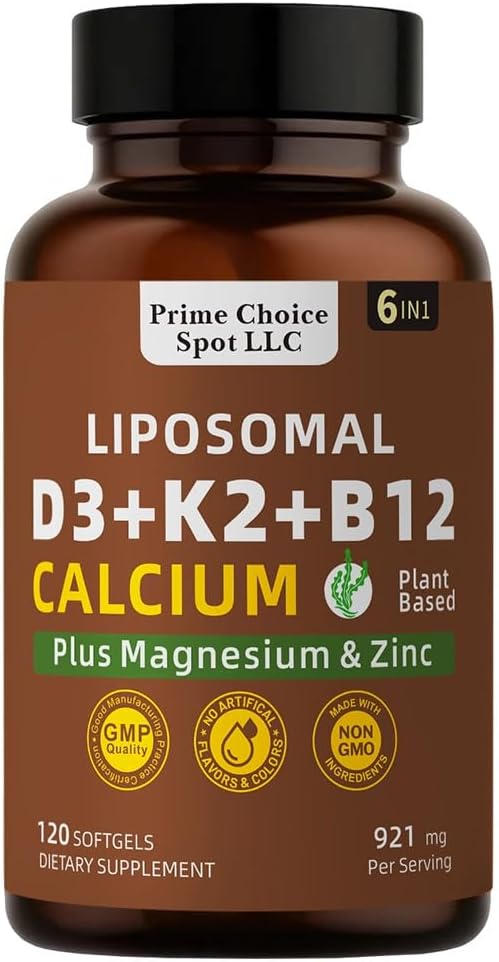 Vitamin D3 K2 B12 with Calcium Magnesium Zinc – 6-in-1 Bone &amp Muscle Support Complex | High Potency D3 5000 IU + K2 MK7 for Calcium Absorption Mobility &amp Energy | Non-GMO 120 Softgels