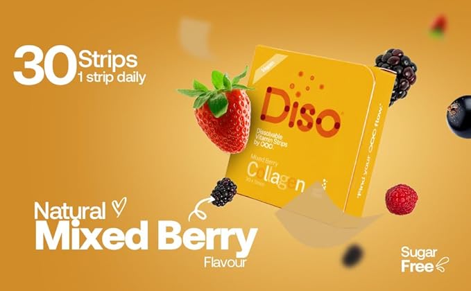 DISO - Collagen Boost - Fast-Dissolving Oral Strips Mixed Berry Flavor Vegan Sugar Free Maximum Absorption to Help Produce Collagen Gluten Free Individually Wrapped 30 Dissolable Strips