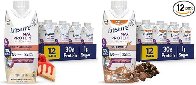 Ensure Max Protein Nutrition Shake with 30g Protein Cherry Cheesecake &amp Cafe Mocha Flavors Pack of 12 11 fl oz