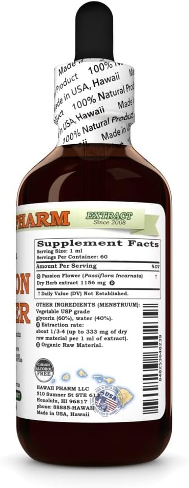 Hawaii Pharm Passion Flower Alcohol-Free Extract Glycerite for Calm and Sleep Support Soothes Digestive Discomfort Promotes Relaxation Encourages Emotional Balance - 2 fl.oz