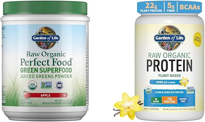 Garden of Life Raw Organic Perfect Food Green Superfood Juiced Greens Powder - Apple Flavor &amp Organic Vegan Vanilla Protein Powder 22g Complete Plant Based Raw Protein