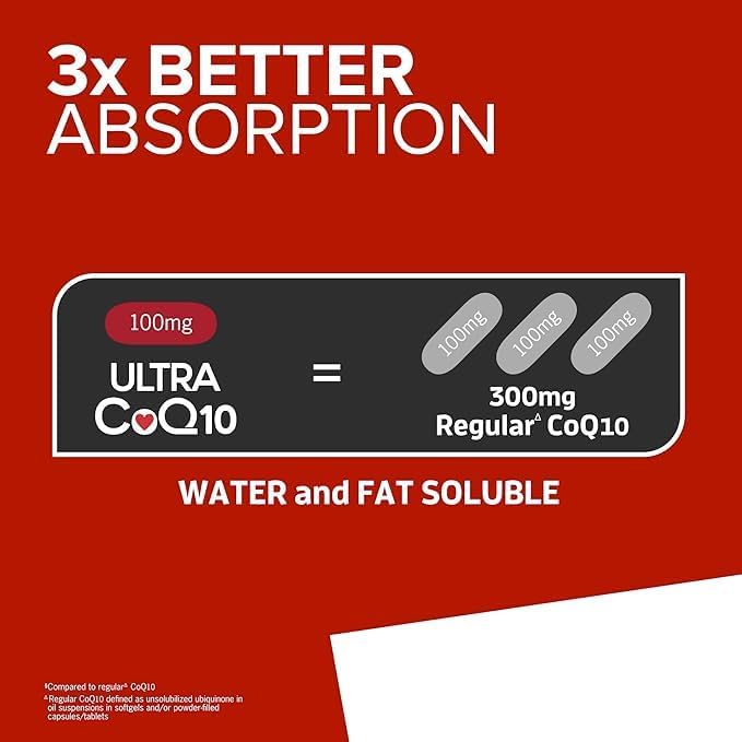 Qunol Ultra CoQ10 100mg 3X Better Absorption Patented Water and Fat Soluble Natural Supplement Form Coenzyme Q10 Antioxidant for Heart Health Packs Softgels 120 Count