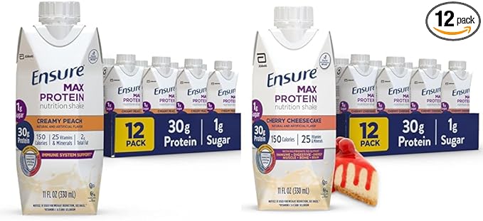 Ensure Max Protein Nutrition Shake with 30g Protein 1g Sugar High Protein Shake Creamy Peach and Cherry Cheesecake Variety Pack 11 fl oz Pack of 12