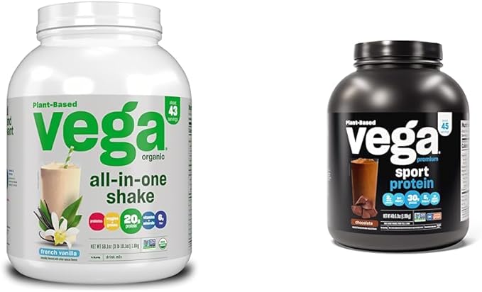 Vega Organic All-in-One Vegan Protein Powder Chocolate - Superfood Ingredients Vitamins &amp Sport Premium Vegan Protein Powder Chocolate(45 Servings) 30g Plant Based Protein5g BCAAs