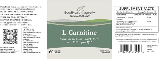 L-Carnitine Plus CoQ10 - for Heart Liver and Cell Health | 60 Vegetable Capsules - Good Health Naturally
