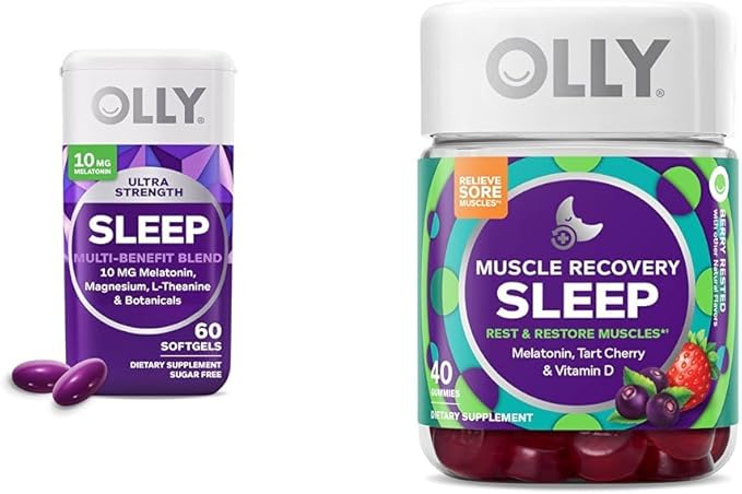 OLLY Sleep Aid Bundle with Melatonin Magnesium and Muscle Recovery - 60 Count Softgels and 40 Count Gummies