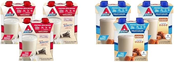 Atkins Vanilla Cream Meal Size Protein Shake 23g Protein Low Glycemic 3g Carb 1g Sugar &amp Energy Shake Creamy Caramel with B Vitamins and Protein. Keto-Friendly and Gluten Free 4 Count(Pack of
