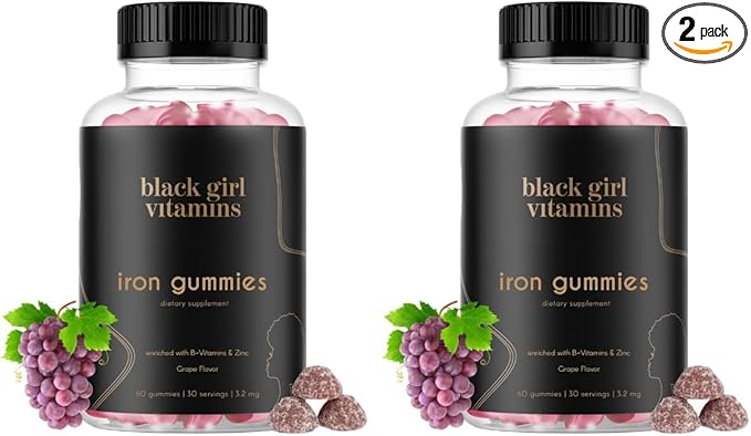 Black Girl Vitamins - Iron Gummies (20 mg) Supports Iron Deficiency &amp Anemia Gluten-Free Gelatin Free Made in The USA (Grape 60 Count) 30 Day Supply (Pack of 2)