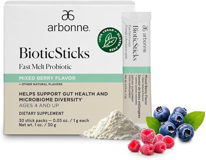 Arbonne BioticSticks Fast Melt Probiotic for Gut Health – Probiotics for Women Men and Kids – Gut Health Supplement – Vegan Gluten-Free Non-GMO – Mixed Berry Flavor – 30 Stick Packs