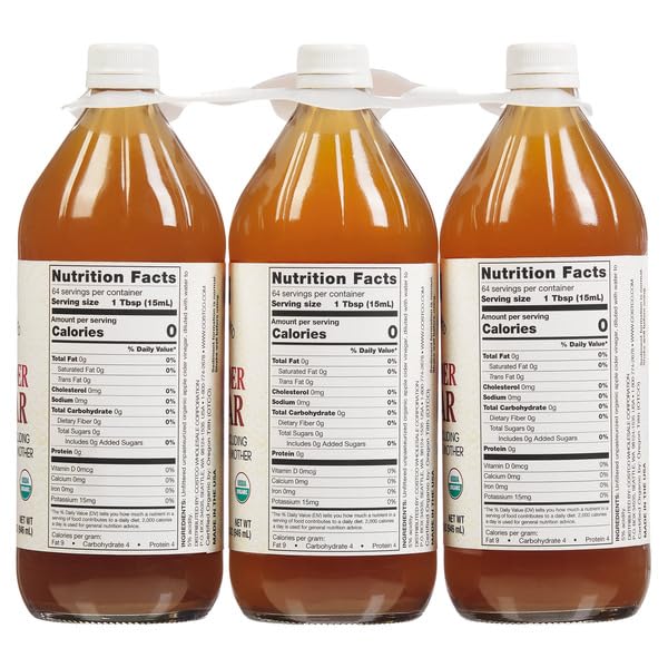 Organic Apple Cider Vinegar 32 Fluid Ounce Bottles 3-Count Unfiltered Unpasteurized 5% Acidity