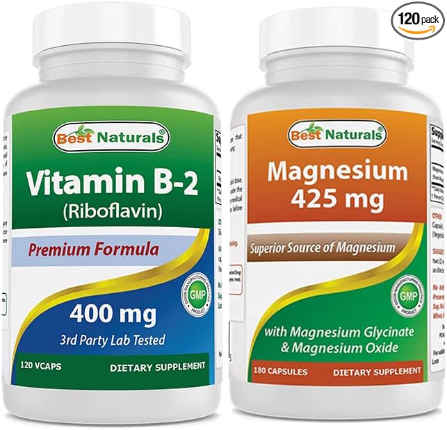 Best Naturals Vitamin B2 (Riboflavin) 400mg &amp Magnesium Glycinate 425 mg
