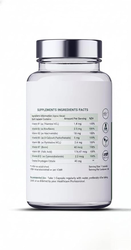 Plant Based Vitamin B-Complex - All essentail B Vitamins in One | Hair Growth Boosts Energy &amp Immunity - 60 Veg Capsules