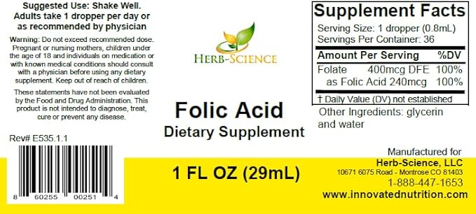 Liquid Vitamin B9 Folic Acid Supplements - VIT B Drops for Brain &amp Digestive Function Liver Support - Gluten-Free Non-GMO Vegan - Nutritional Supplement for Adults - 1 fl. oz.