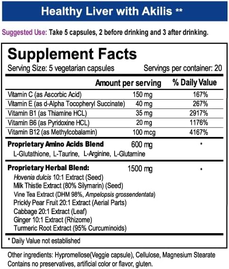 Akilis Liver Support Pills (100 Vegi Caps 33 Doses) – Boosts Recovery After Drinking for Better Mornings with Hovenia Dulcis (DHM) Milk Thistle Prickly Pear 16 Ingredients