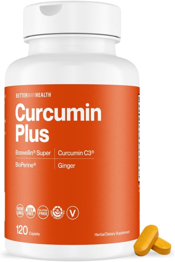Better Way Health™ Curcumin Plus – Turmeric Curcumin C3® Complex with Boswellin® BioPerine® and Ginger – Joint Support &amp Inflammation Relief Supplement – 120 Caplets