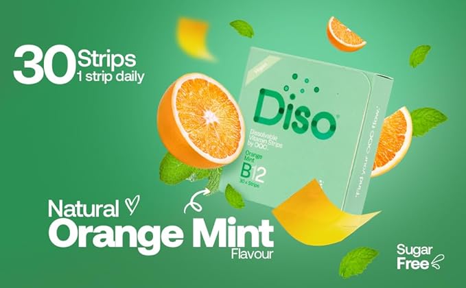 DISO - Vitamin B12 - Fast-Dissolving Oral Strips for Tiredness and Fatigue Orange Mint Flavor Vegan Sugar Free Maximum Absorption Gluten Free Individually Wrapped 30 Dissolvable Strips