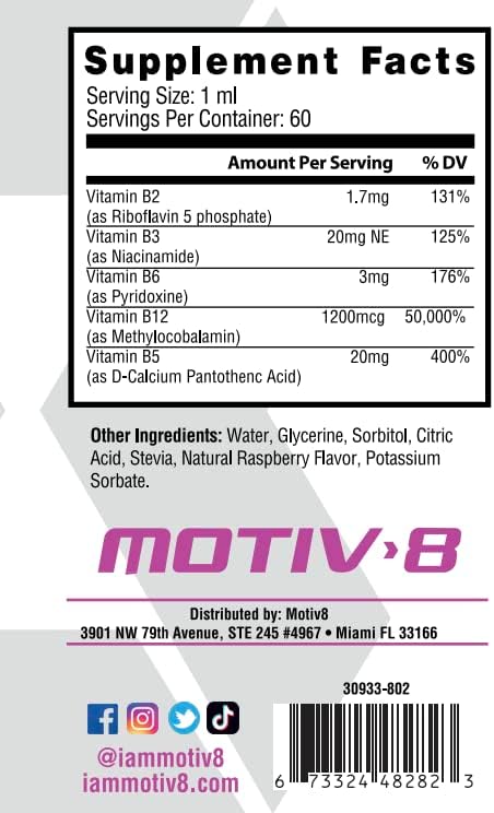 Motiv-8 Essentials Vitamin B-12 Drops Sublingual Easy to Take Liquid Supplement Supports Eye Health Brain Energy Nervous System Cognition &amp Memory (60 Servings Raspberry)