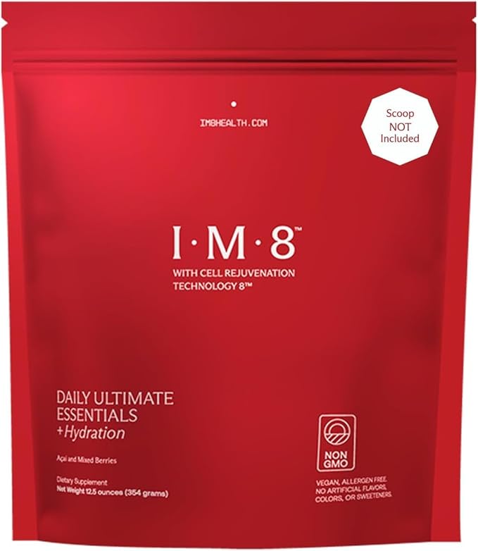 IM8 Daily Ultimate Essentials All-in-One Multivitamin Supplement Powder Bag 92 Nutrient Rich Ingredients CoQ10 Probiotics Vitamins Greens Gluten Free Vegan Acai Mixed Berry 12.5oz 30 Servings