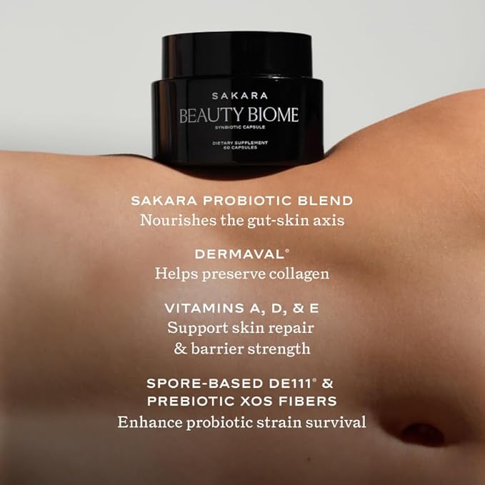 SAKARA Beauty Biome – Daily Synbiotic Supplement for Skin + Gut Health with Probiotic Dermaval Vitamins A D E Antioxidants Prebiotics &amp Enzymes – for Clear Radiant Hydrated Skin – 60 Capsu