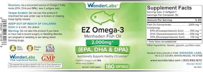 Wonder Laboratories EZ Omega-3 Atlantic Menhaden Fish Oil Supplement 2000 mg Burpless Made in The USA Perfect Balance of EPA+ DHA + DPA 180 Softgels