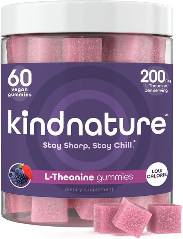 kindnature L-Theanine Gummies 200mg – Calm &amp Focus Supplement for Adults &amp Kids Ages 4+ – Stress Support Mental Clarity &amp Non-Drowsy Relaxation – Vegan Mixed Berry Non-GMO