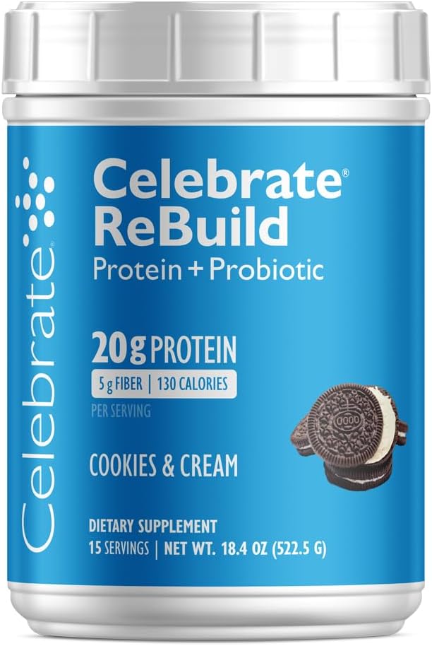 Celebrate Vitamins Rebuild Protein Powder with Probiotics &amp Prebiotics - 20g Whey Isolate Protein High Fiber for Post Bariatric Surgery Patients - Cookies &amp Cream (15 Servings)