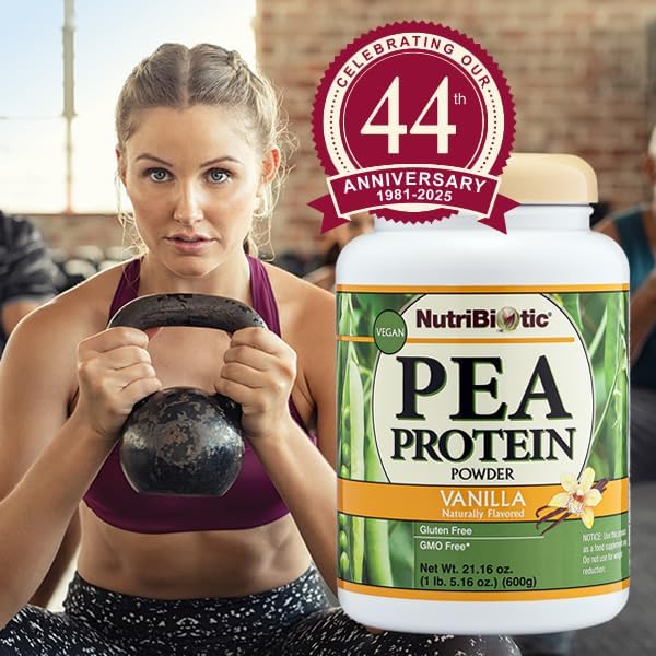 NutriBiotic Pea Protein Vanilla 21 Oz | Low Carb Vegan Plant Protein Powder | 100% Grown &amp Processed in the USA | Deliciously Creamy &amp BCAA-Rich | Made without Chemicals GMOs &amp Gluten | K