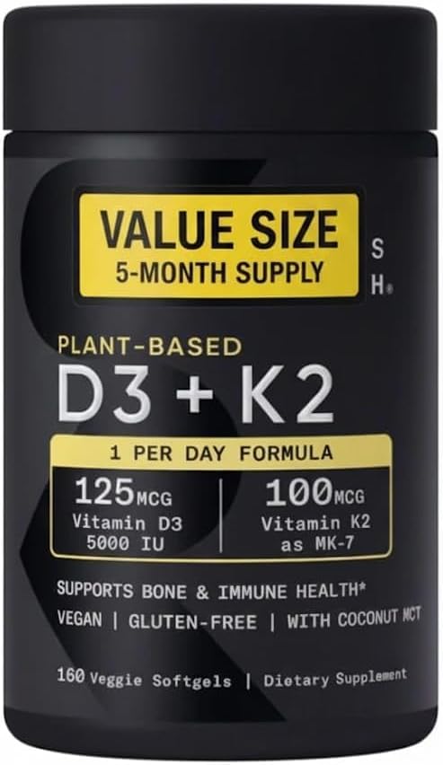 Sports Vitamin D3 K2 with 5000iu of Plant-Based D3 &amp 100mcg of Vitamin K2 as MK-7 Non-GMO Verified &amp Vegan Certified - 160 Liquid Softgels