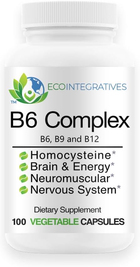EcoIntegratives B6 Complex Vegan Vitamin B6 B9 Folate B12 Methylcobalamin Supports Cardiovascular Neuromuscular Nervous System Homocysteine Energy Blood Cell &amp Bone Health 100 Caps