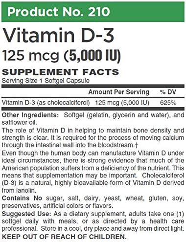 Vitamin D-3 125 mcg (5000 IU) from Lanolin in a Base of Safflower Oil - 250 Soft Gels