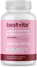BESTVITE Acetyl L-Carnitine 500mg &amp Alpha Lipoic Acid 200mg per Capsule with Biotin (120 Vegetarian Capsules) - No Stearates - Vegan - Non GMO - Gluten Free