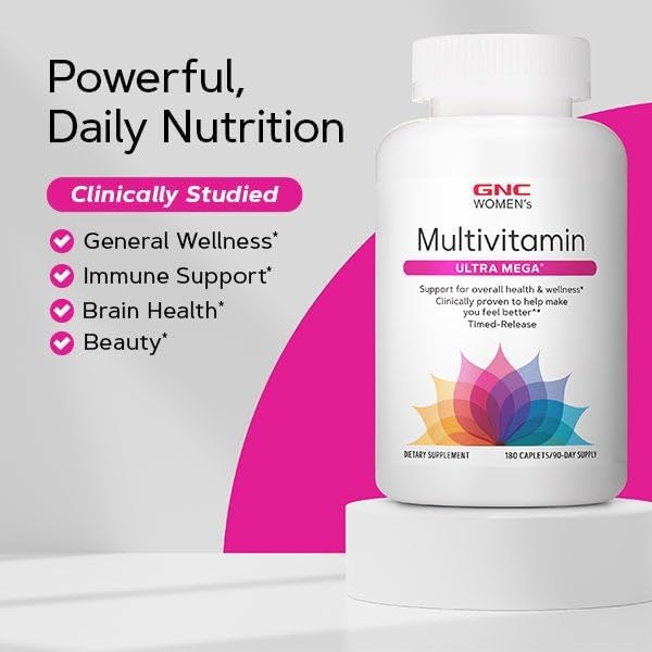 GNC Women’s Ultra Mega Multivitamin Caplets Clinically Proven to Feel Better Immune Support Vitamin A B C D Iron Biotin Beauty Gluten Free Timed Release 90 ct 45 svgs