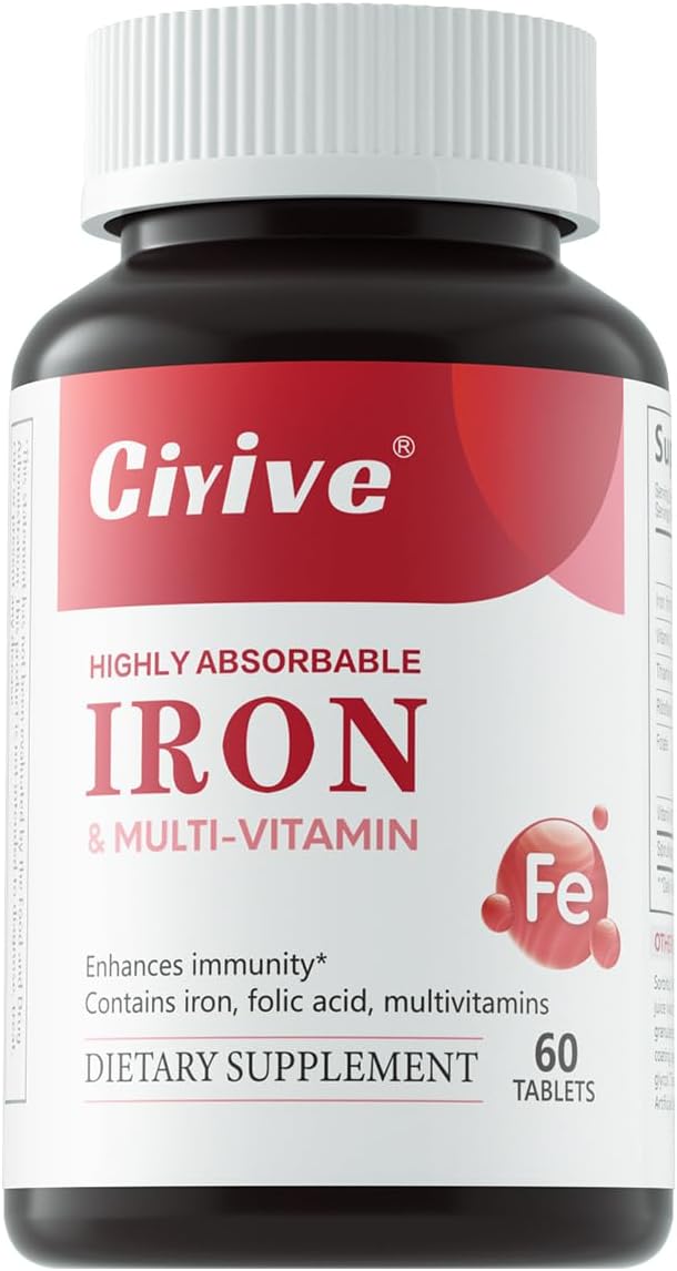 Gentle Iron (Ferrous Bisglycinate Chelate) with Vitamin C B12 &amp Folate — 25 mg Iron — 60 Tablets 2-Month Supply