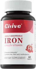 Gentle Iron (Ferrous Bisglycinate Chelate) with Vitamin C B12 &amp Folate — 25 mg Iron — 60 Tablets 2-Month Supply