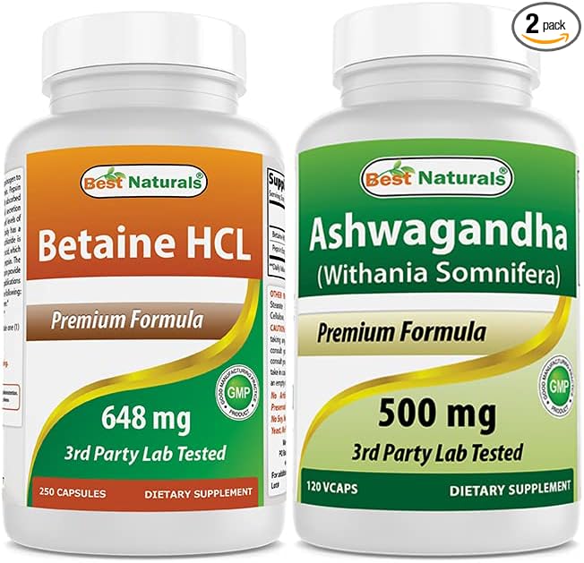 Best Naturals Betaine HCL 648 mg &amp Ashwagandha Extract 500 Mg