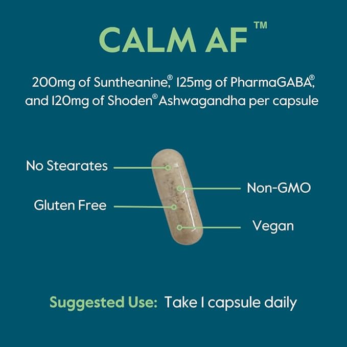 Calm AF (Advanced Formula) (60 Veggie Caps) - Clinically Studied Shoden Ashwagandha Suntheanine L Theanine PharmaGABA - No Stearates - Vegan - Non GMO - Gluten Free - Ashwagandha &amp GABA Suppleme