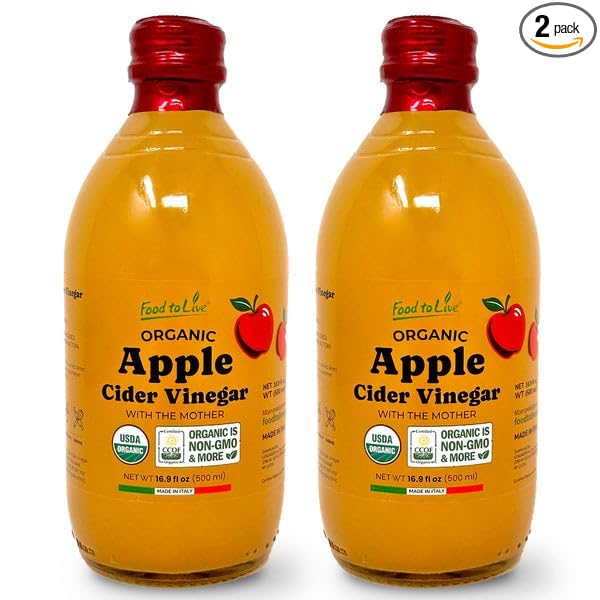 Food To Live Organic Apple Cider Vinegar 500 ml – Raw Italian Natural Vinegar with the Mother Unfiltered Unpasteurized Non-GMO Vegan Bulk Glass Bottle (Pack of 2)