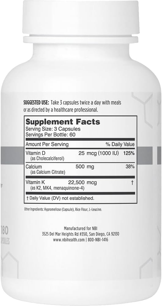 NBI Osteo-K Bone Support | Vitamin D &amp K Complex with Calcium Citrate Supplement | 45mg Vitamin K2 (MK4) for Strong Bone Health &amp Function | 180ct Veggie Capsules