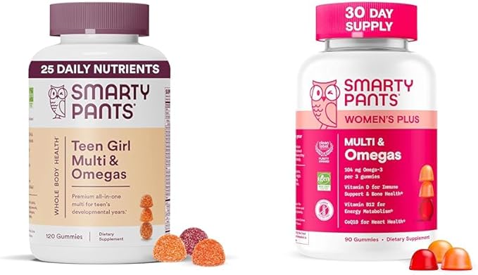 SmartyPants Women's and Teen Girl Multivitamin Gummies Bundle: Omega 3 (DHA/EPA) Methylfolate CoQ10 Vitamin D3 C Vitamin B12 B6 Vitamin A K &amp Zinc Gluten Free (30 Day Supply)