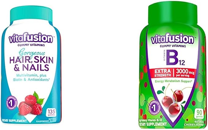 Vitafusion Gorgeous Hair Skin &amp Nails Multivitamin Plus Biotin Vitamin B12 Cherry Gummies for Energy Metabolism Support 135ct &amp 90ct