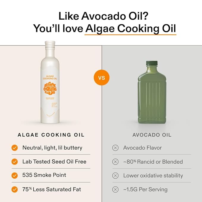Algae Cooking Club Chef-Grade 100% Algae Cooking Oil - Avocado Oil Alternative - 535°F High Smoke Point - Omega-9 Rich Neutral Buttery Flavor - Seed Oil-Free - For Searing Baking Frying (2 16 fl o