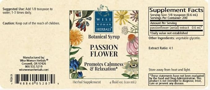 Wise Woman Herbals Passionflower Botanical Syrup (formerly) Solid Extract 4:1 Alcohol-Free Extra Strength Herbal Relaxation &amp Sleep Aid Eases Tension &amp Anxiety Supports Calm Mood Balance &